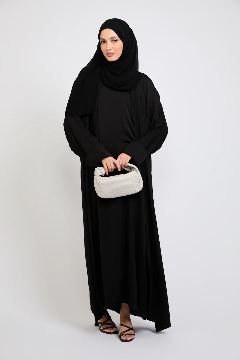 Four Piece Soft Sheen Open Abaya Set - Black - Image 5
