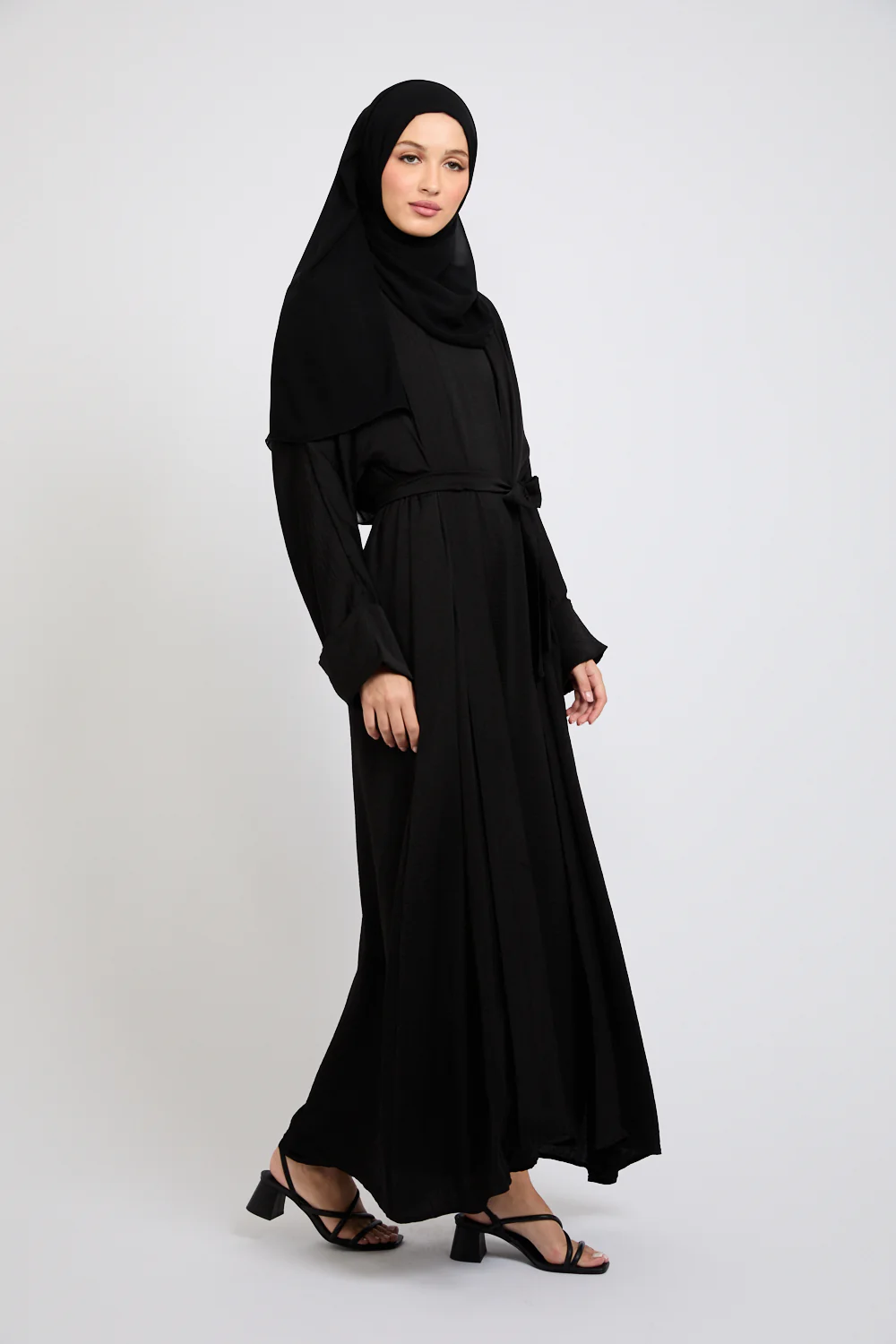 Four Piece Soft Sheen Open Abaya Set - Black - Image 6