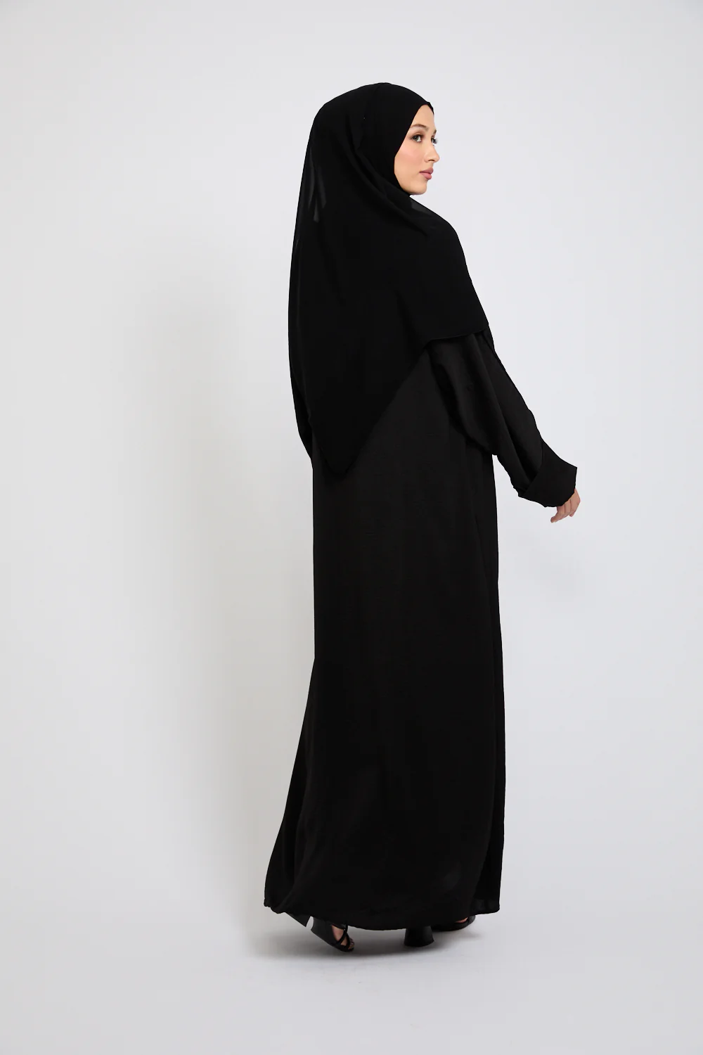 Four Piece Soft Sheen Open Abaya Set - Black - Image 7
