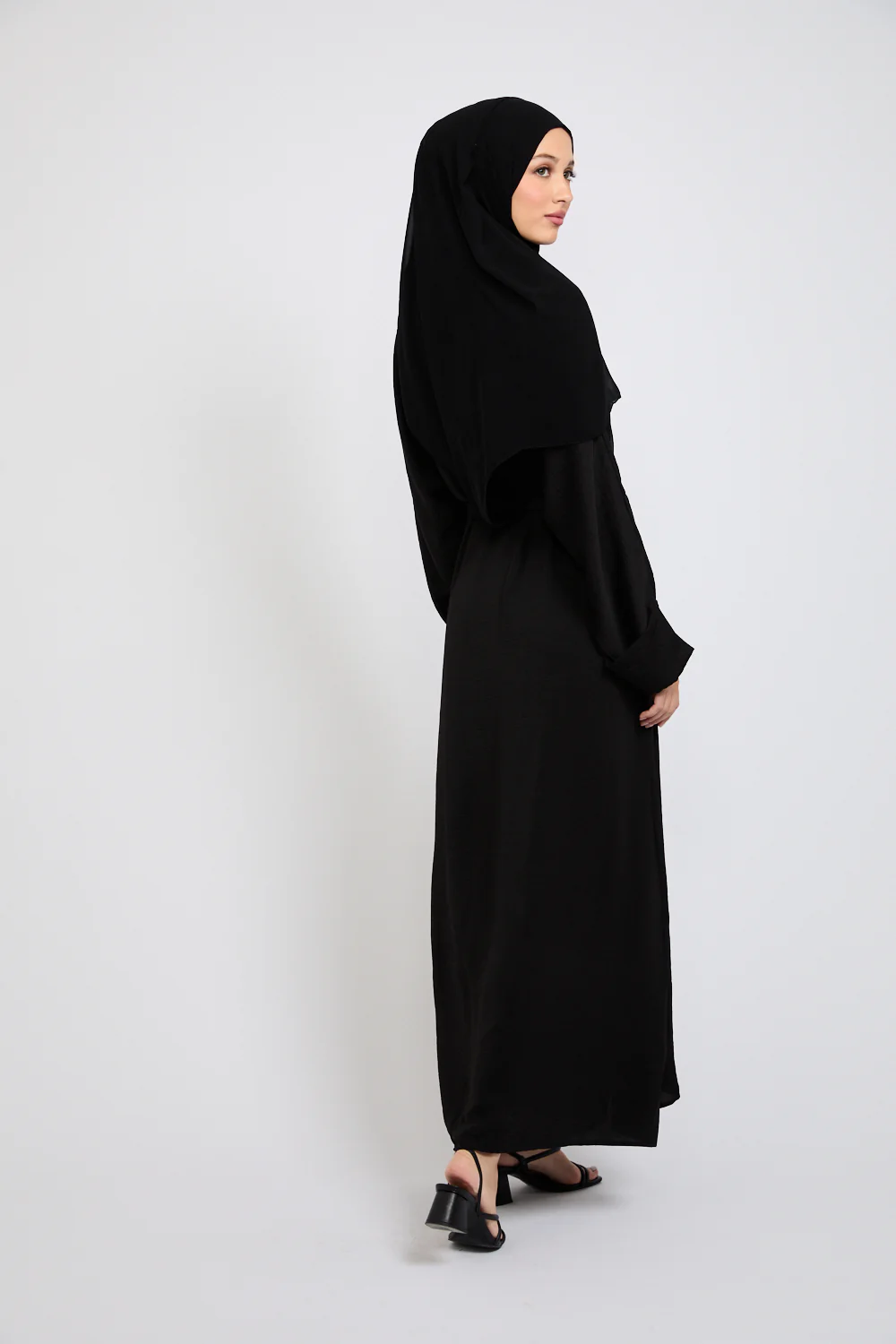 Four Piece Soft Sheen Open Abaya Set - Black - Image 8