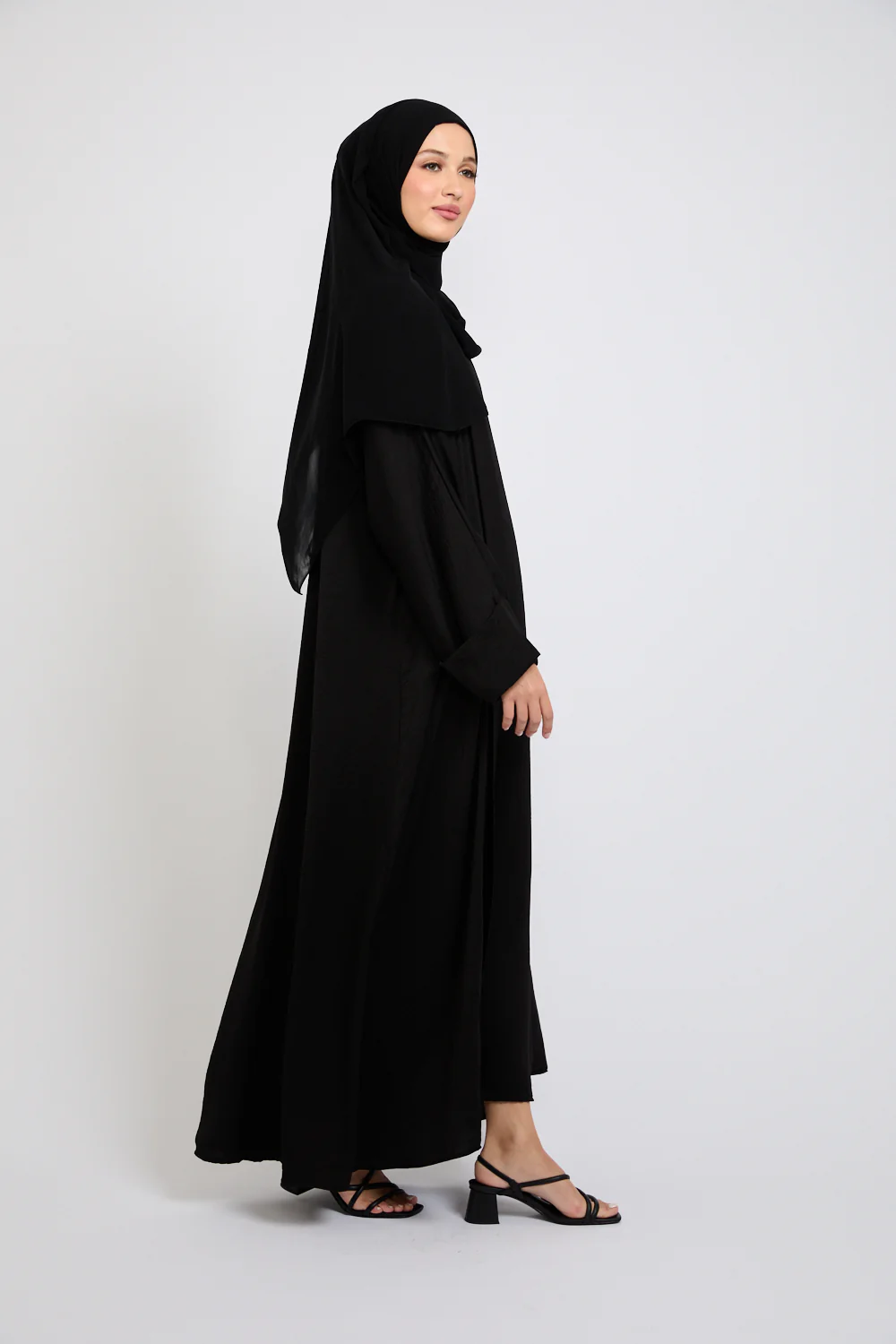 Four Piece Soft Sheen Open Abaya Set - Black - Image 9