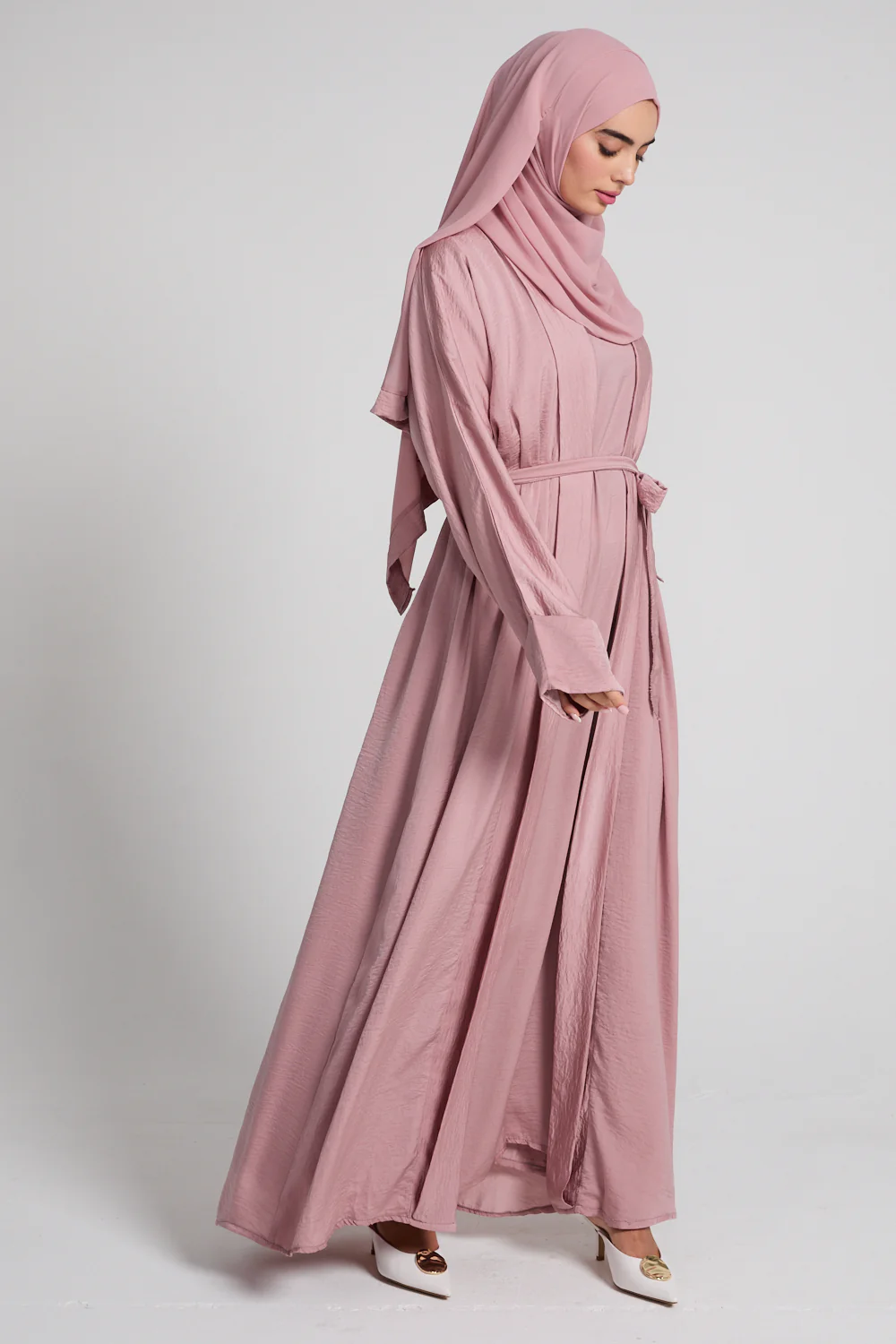 Four Piece Soft Sheen Open Abaya Set - Blush