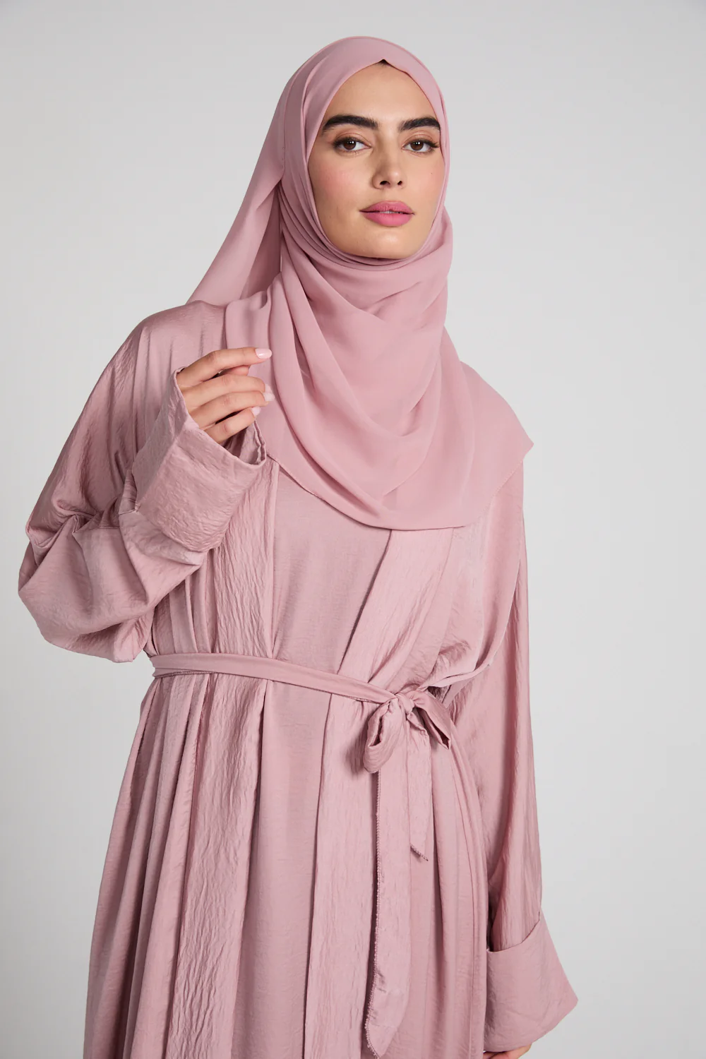Four Piece Soft Sheen Open Abaya Set - Blush - Image 2