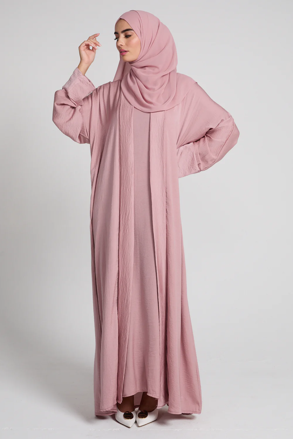 Four Piece Soft Sheen Open Abaya Set - Blush - Image 3