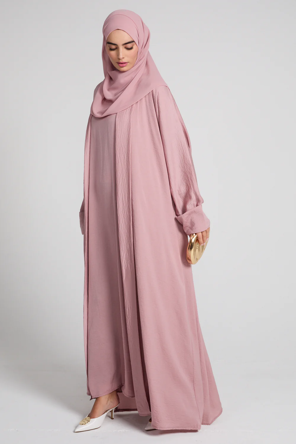 Four Piece Soft Sheen Open Abaya Set - Blush - Image 4