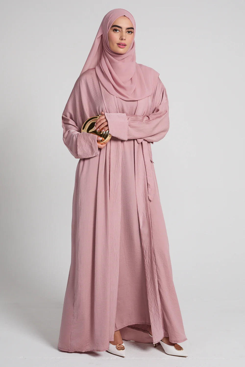 Four Piece Soft Sheen Open Abaya Set - Blush - Image 5
