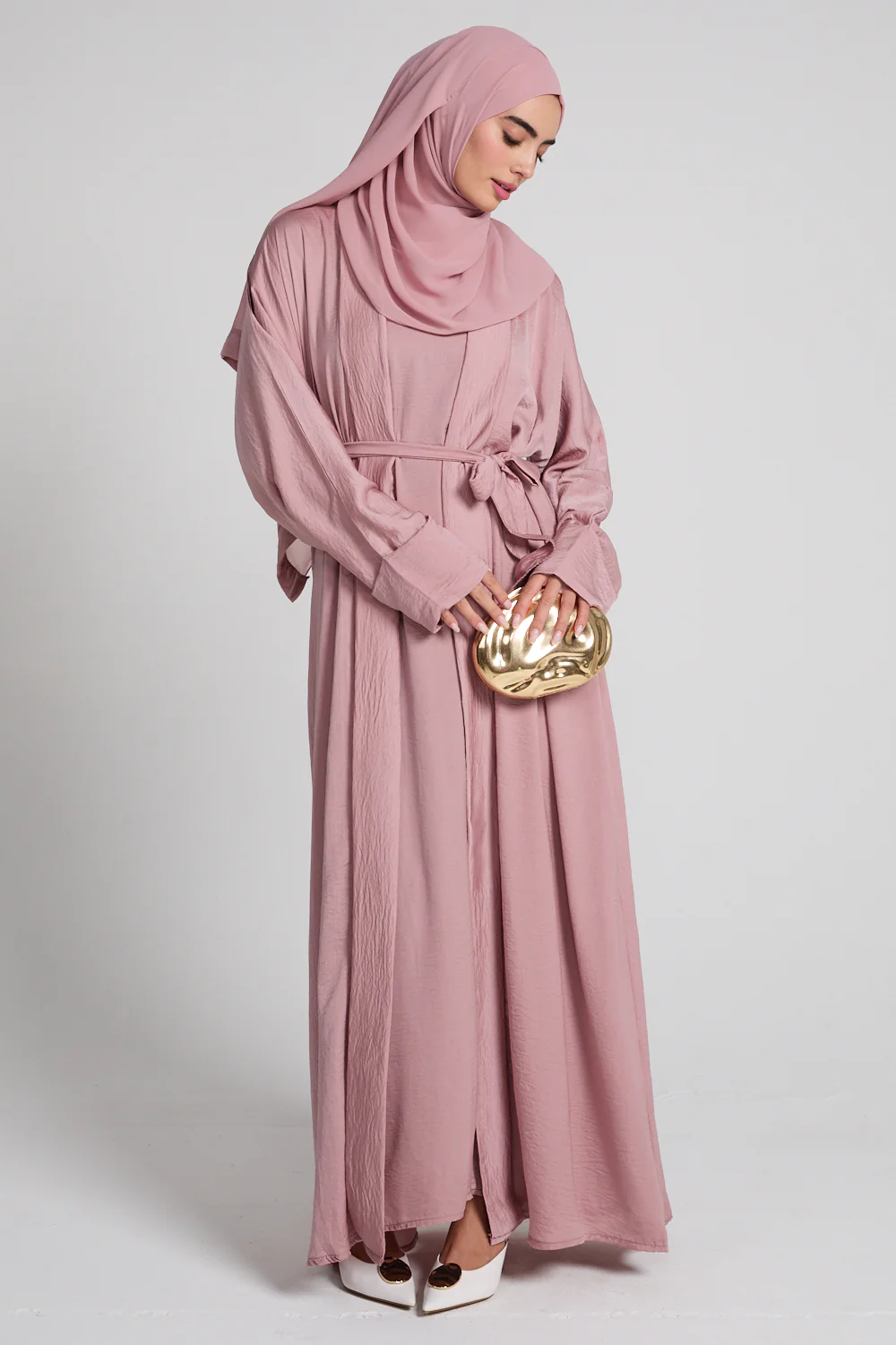 Four Piece Soft Sheen Open Abaya Set - Blush - Image 6