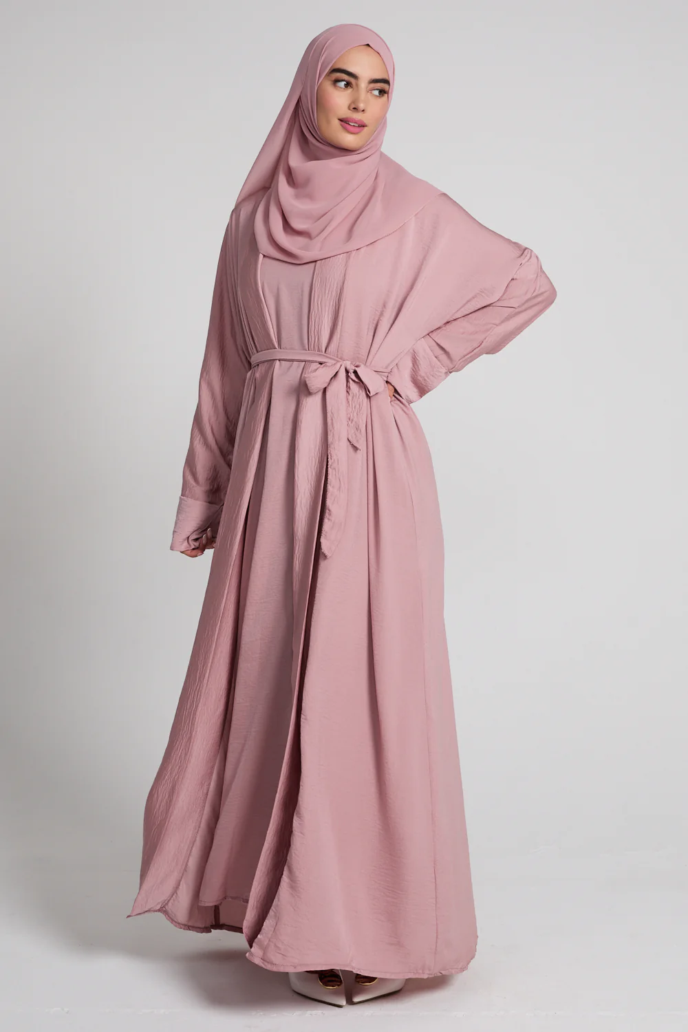 Four Piece Soft Sheen Open Abaya Set - Blush - Image 7