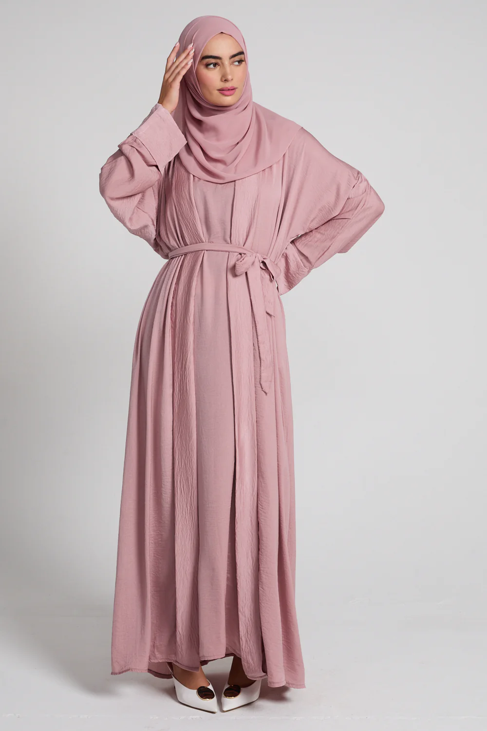 Four Piece Soft Sheen Open Abaya Set - Blush - Image 8