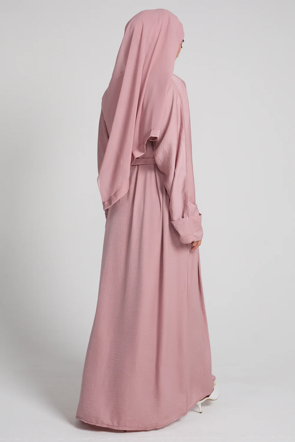 Four Piece Soft Sheen Open Abaya Set - Blush - Image 9