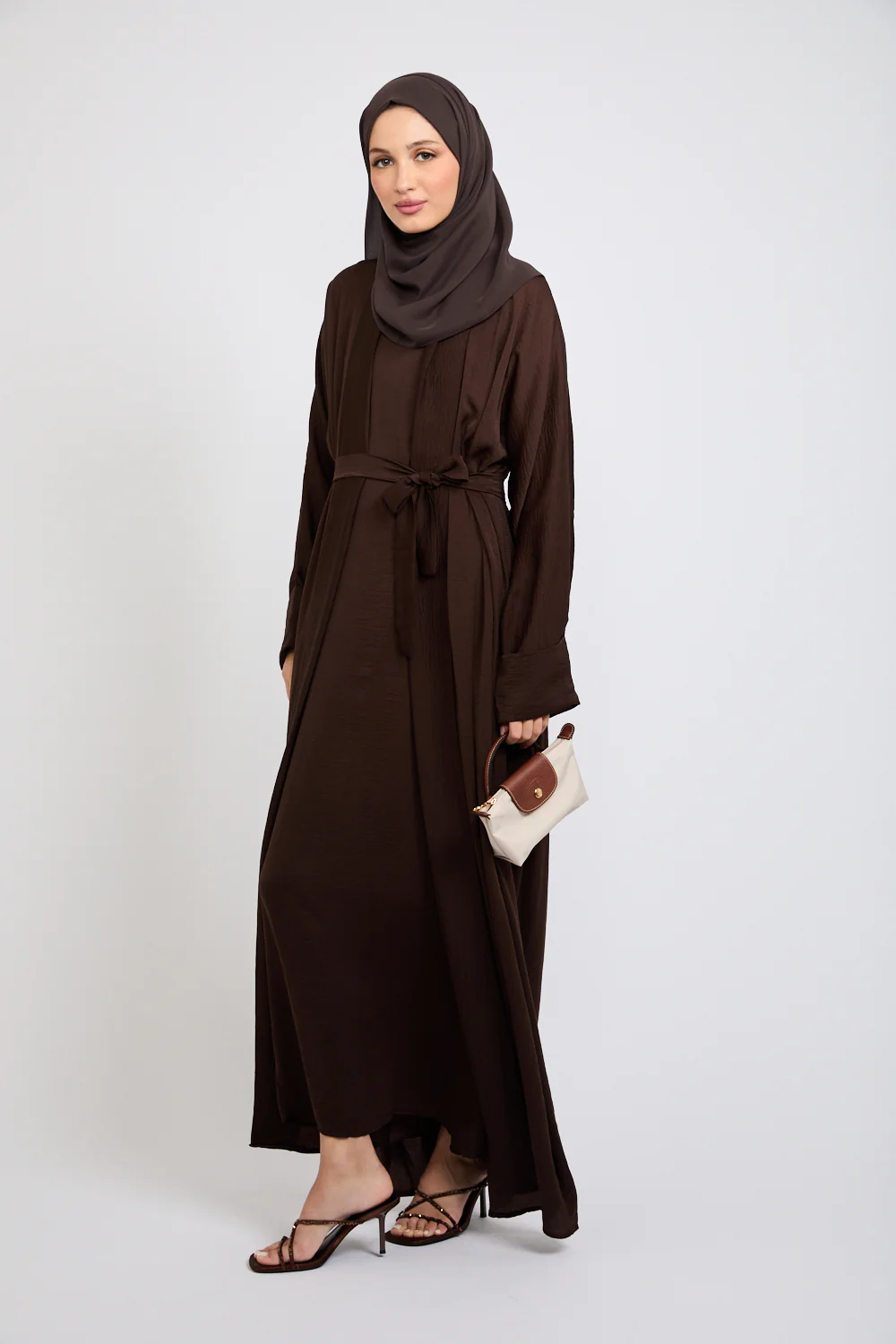 Four Piece Soft Sheen Open Abaya Set - Dark Brown - Image 6