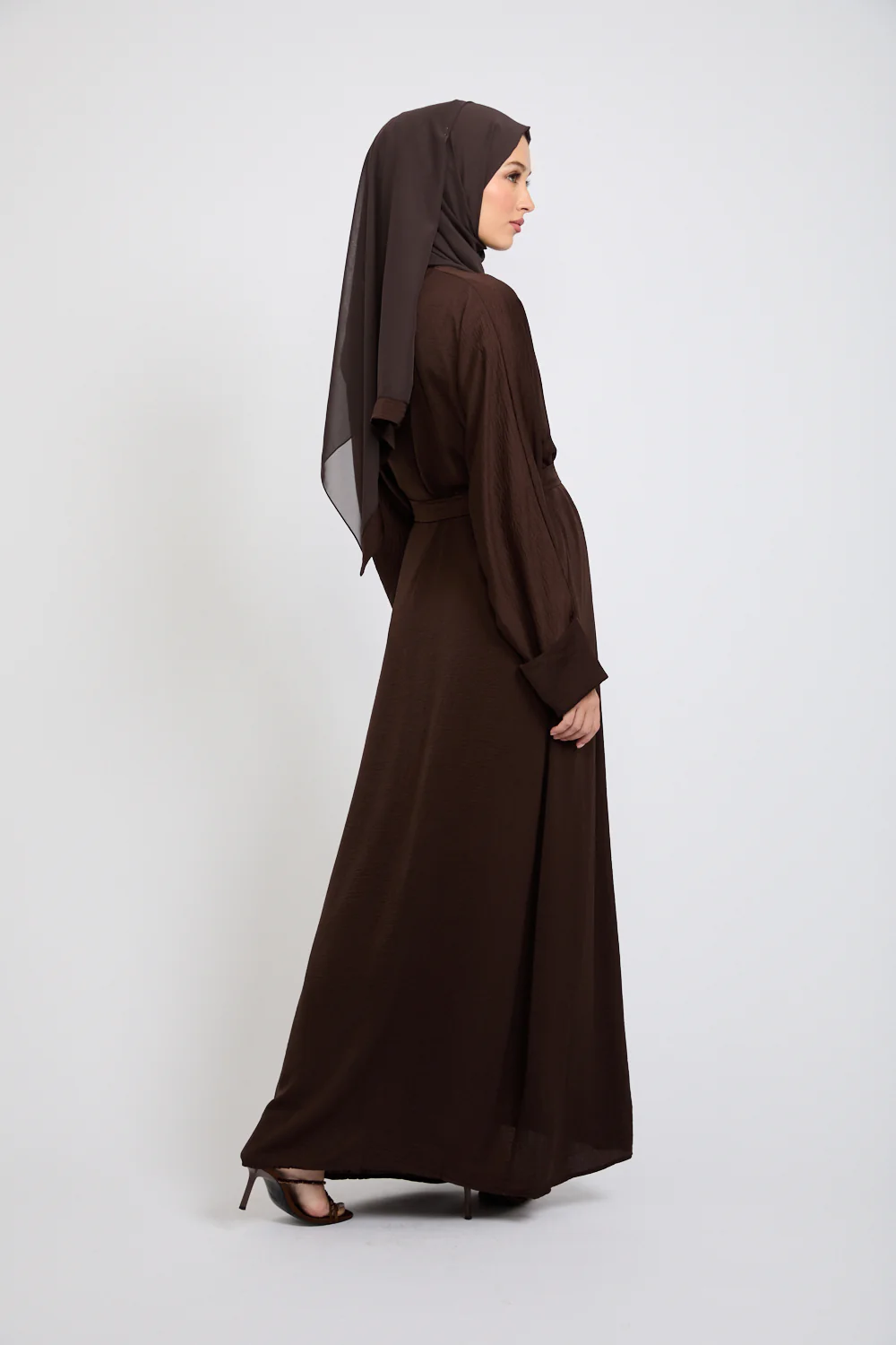 Four Piece Soft Sheen Open Abaya Set - Dark Brown - Image 8