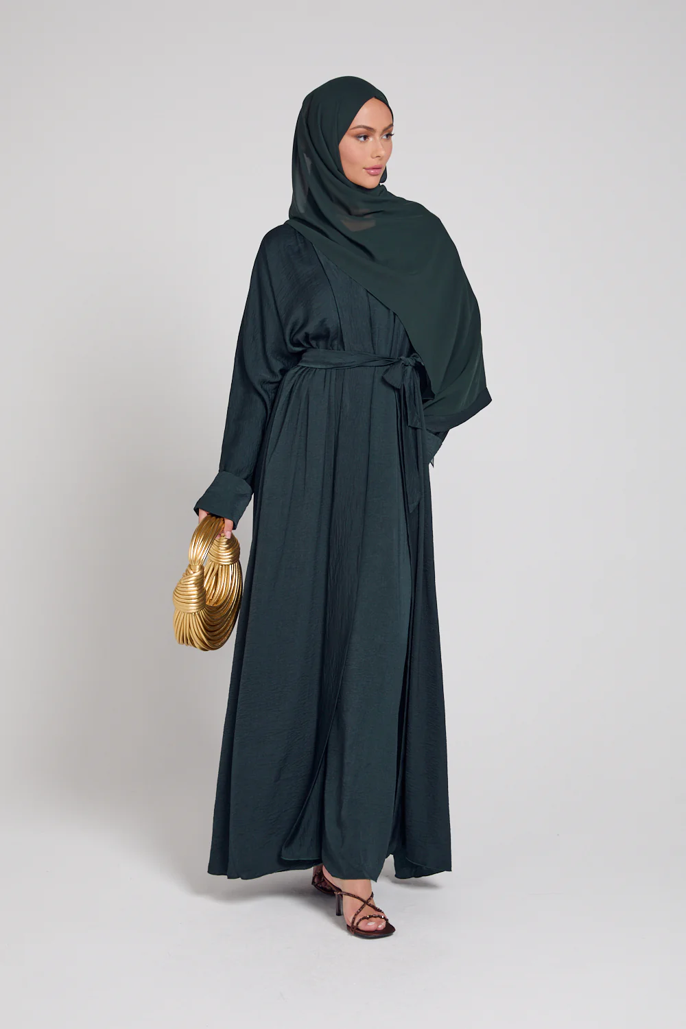 Four Piece Soft Sheen Open Abaya Set - Forest Green - Image 10