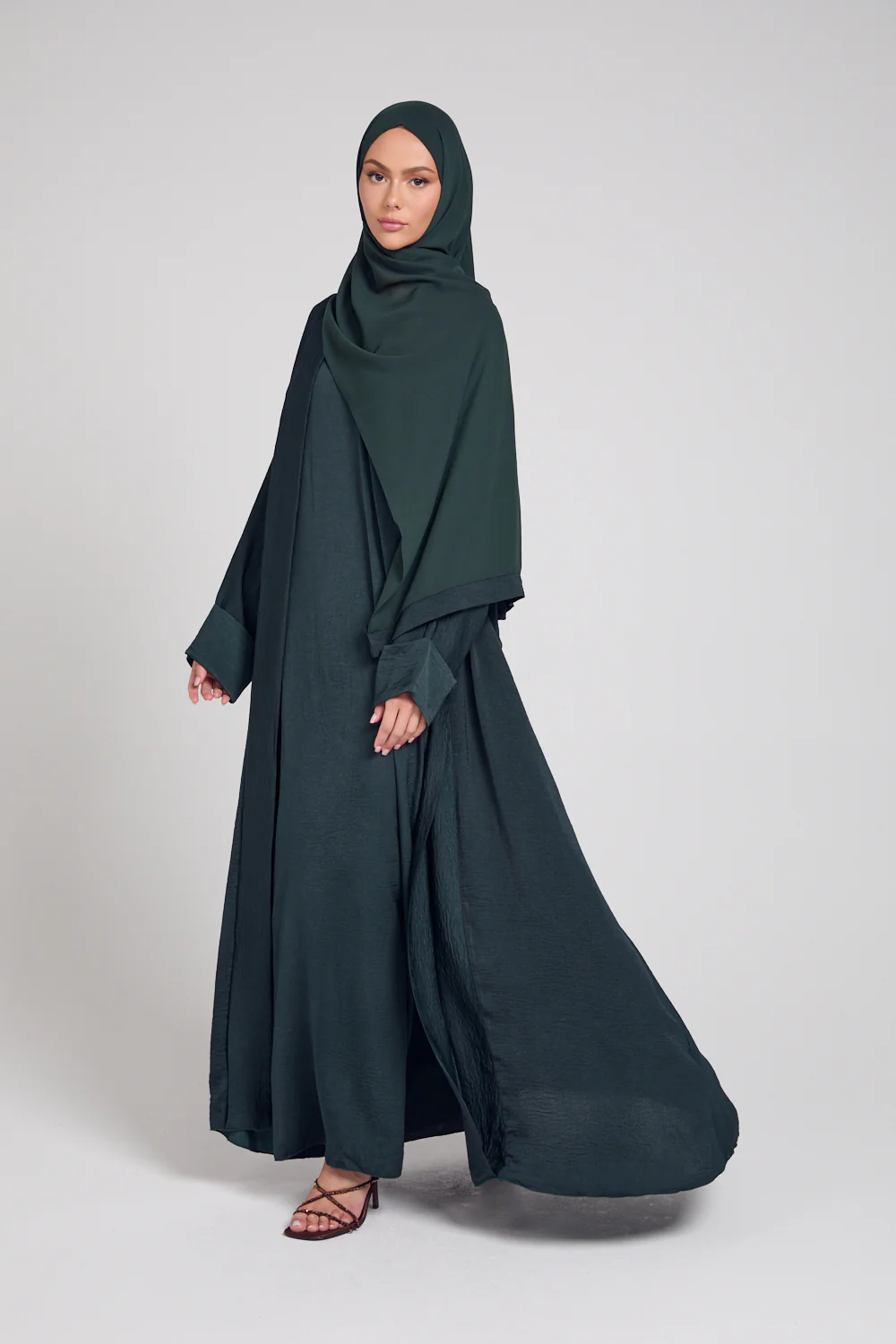 Four Piece Soft Sheen Open Abaya Set - Forest Green - Image 3