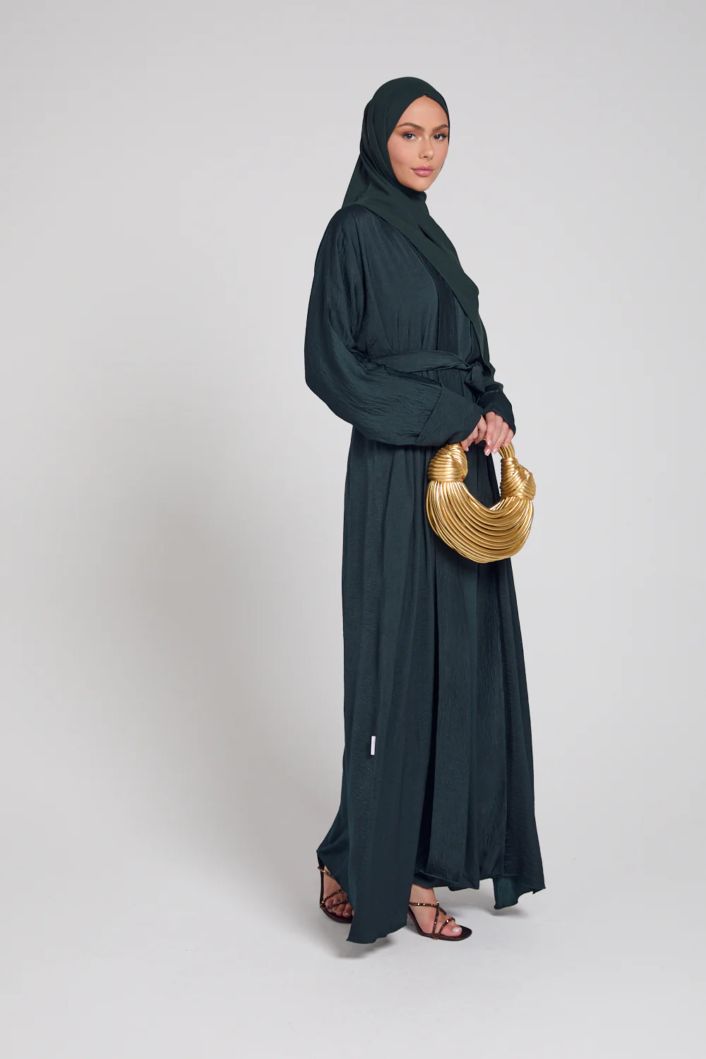 Four Piece Soft Sheen Open Abaya Set - Forest Green - Image 4