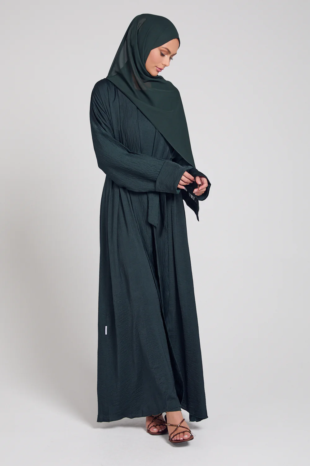 Four Piece Soft Sheen Open Abaya Set - Forest Green - Image 5