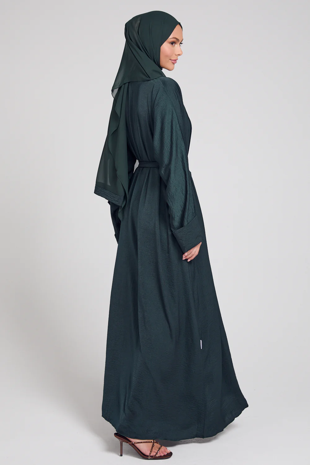 Four Piece Soft Sheen Open Abaya Set - Forest Green - Image 6