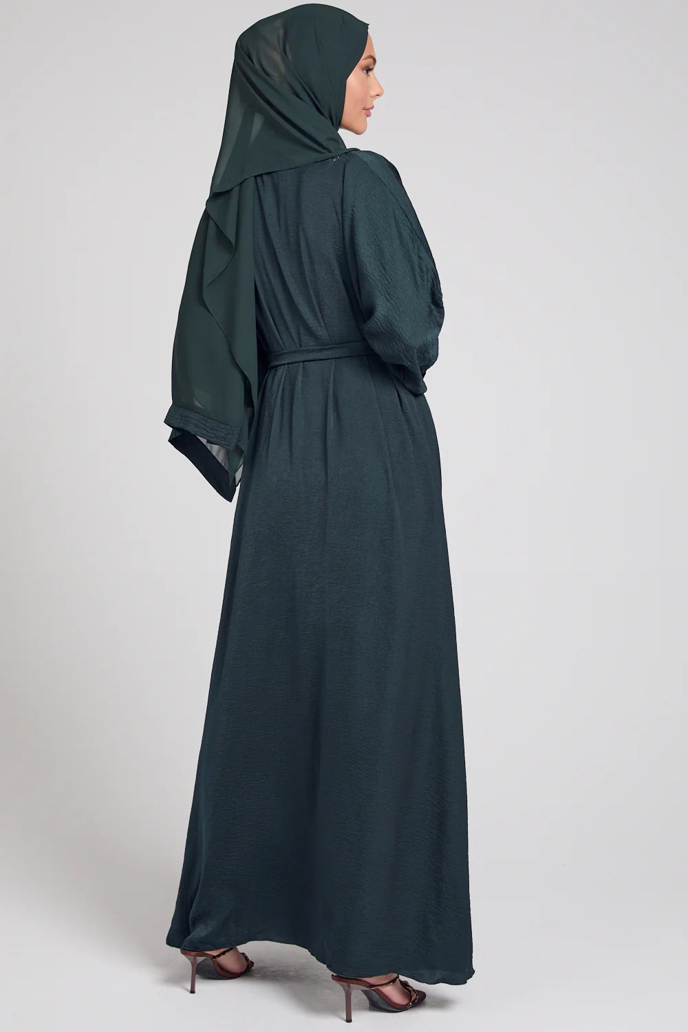 Four Piece Soft Sheen Open Abaya Set - Forest Green - Image 7
