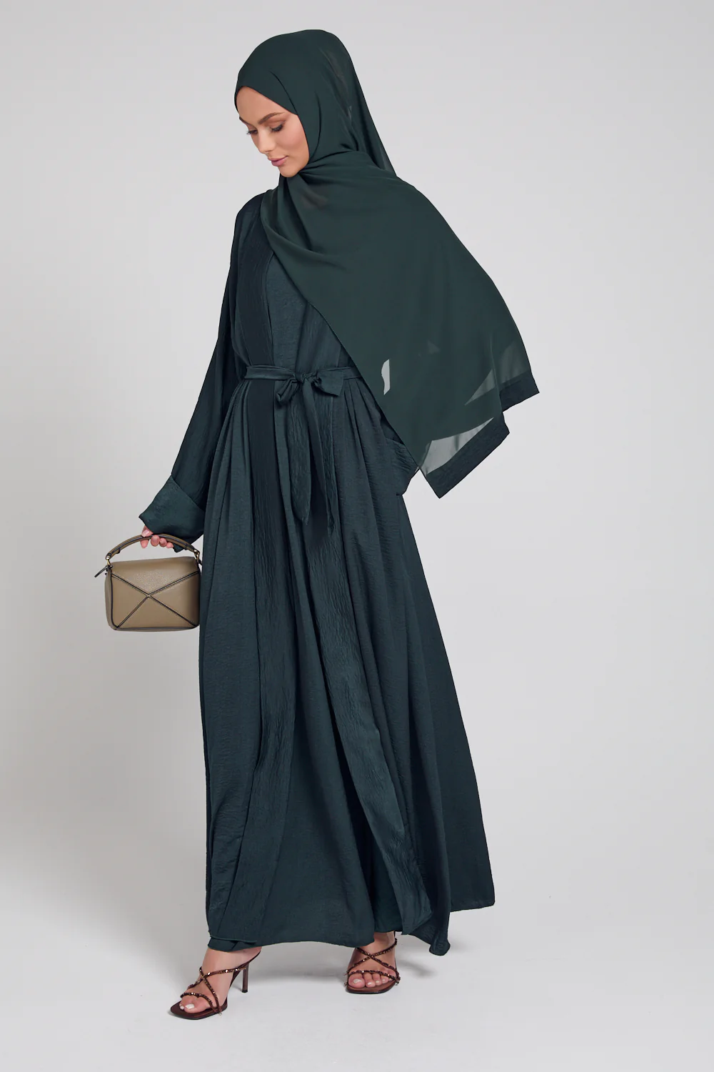 Four Piece Soft Sheen Open Abaya Set - Forest Green - Image 8