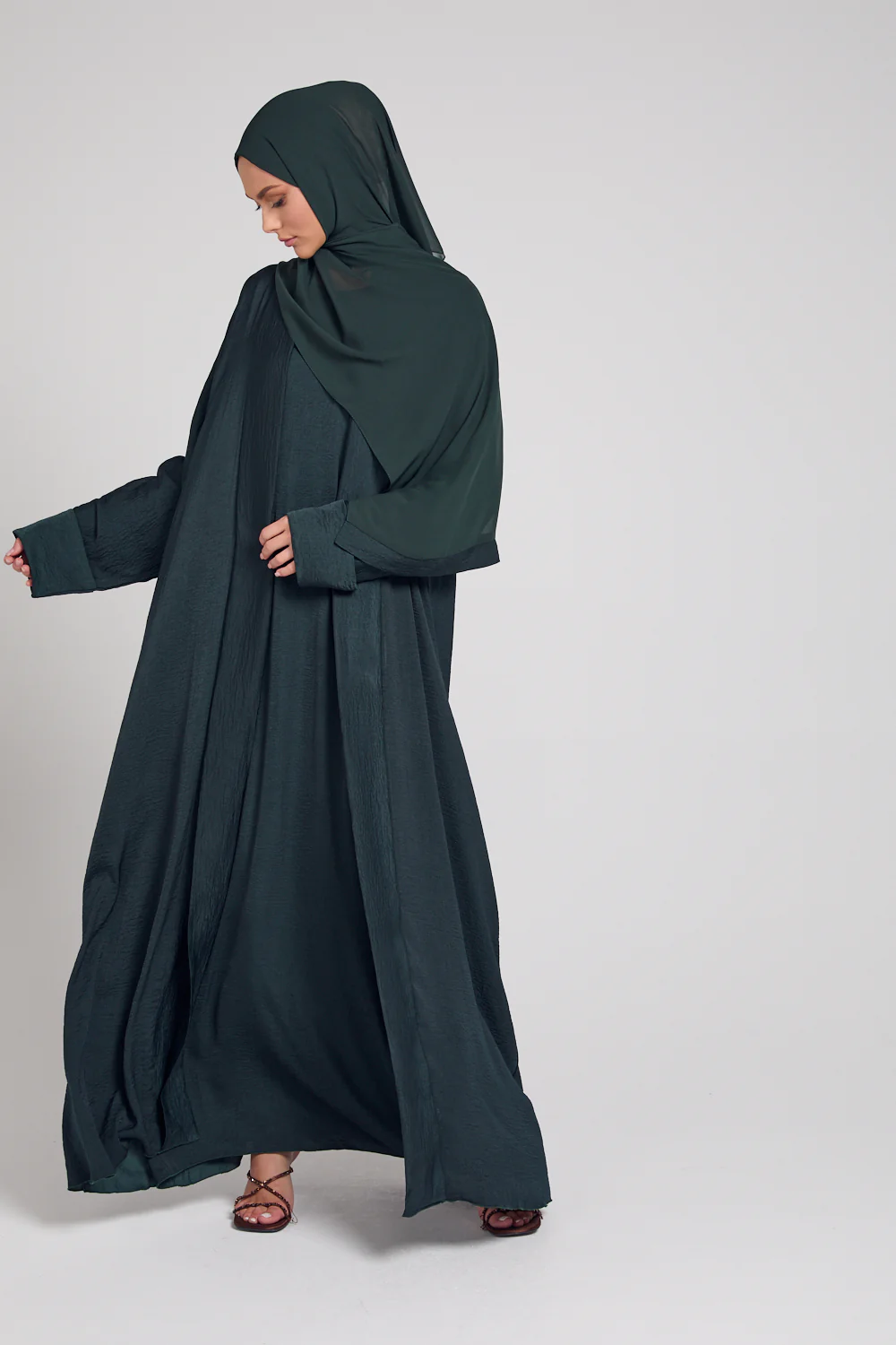 Four Piece Soft Sheen Open Abaya Set - Forest Green - Image 9