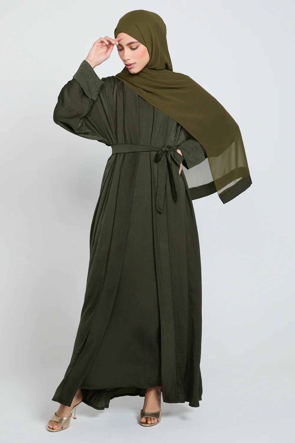 Four Piece Soft Sheen Open Abaya Set - Khaki
