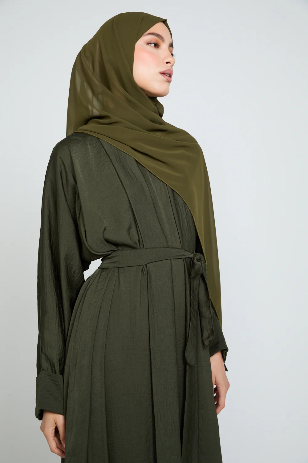 Four Piece Soft Sheen Open Abaya Set - Khaki - Image 2