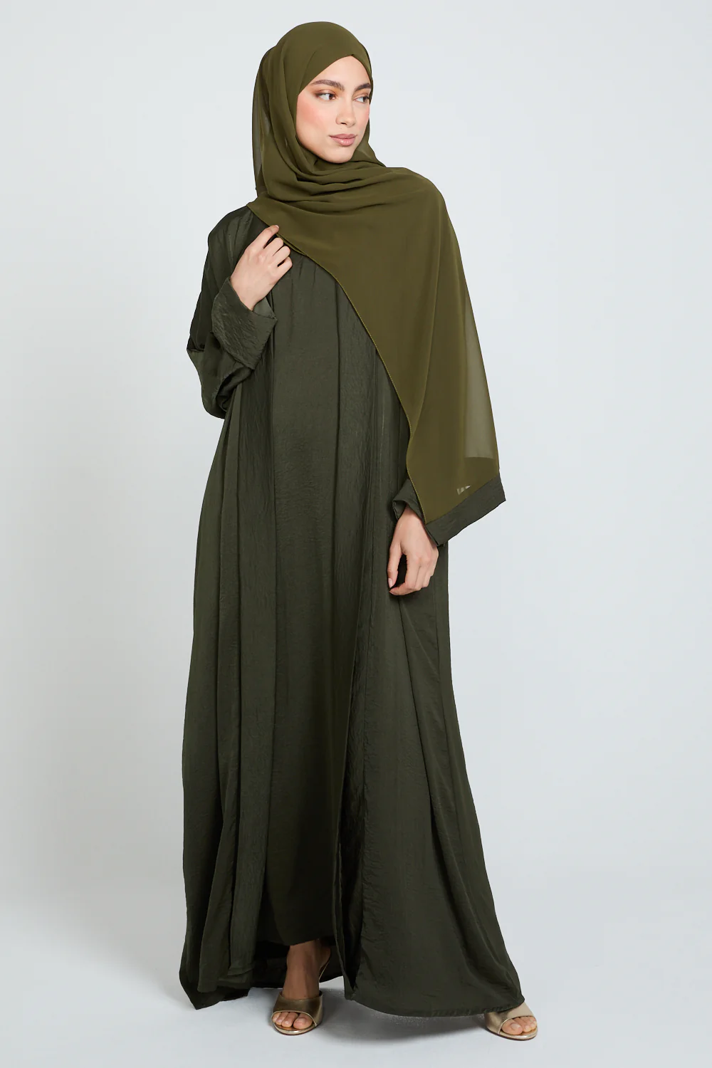 Four Piece Soft Sheen Open Abaya Set - Khaki - Image 3