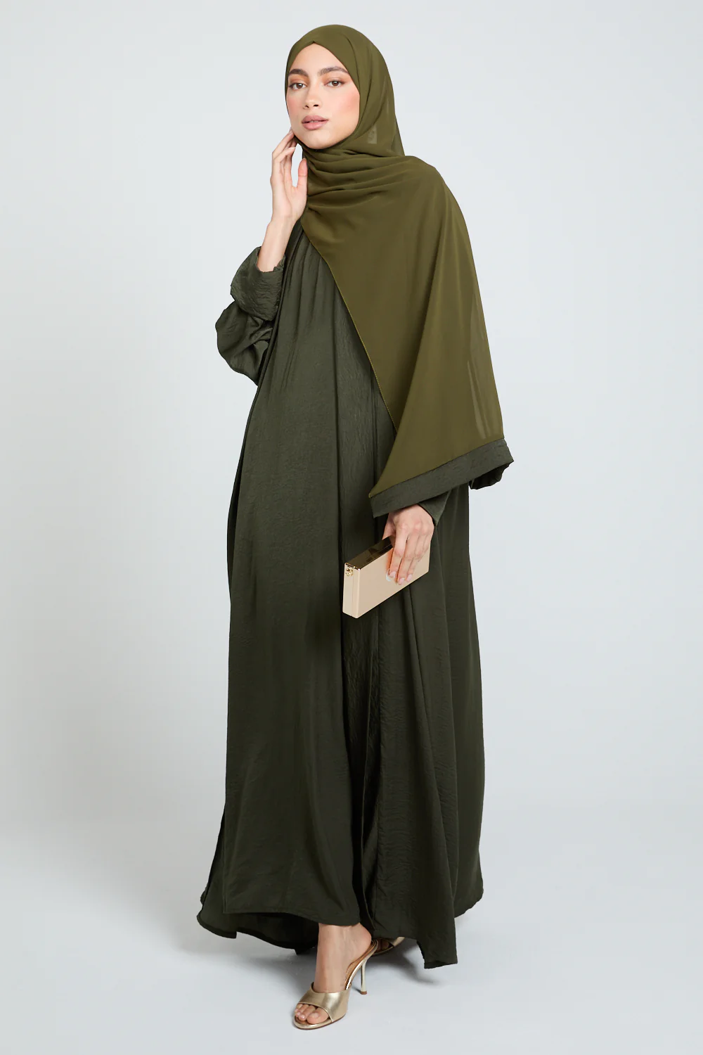 Four Piece Soft Sheen Open Abaya Set - Khaki - Image 4