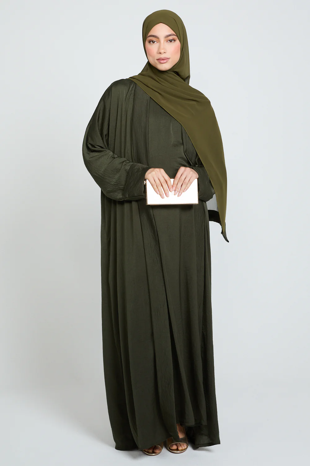 Four Piece Soft Sheen Open Abaya Set - Khaki - Image 5