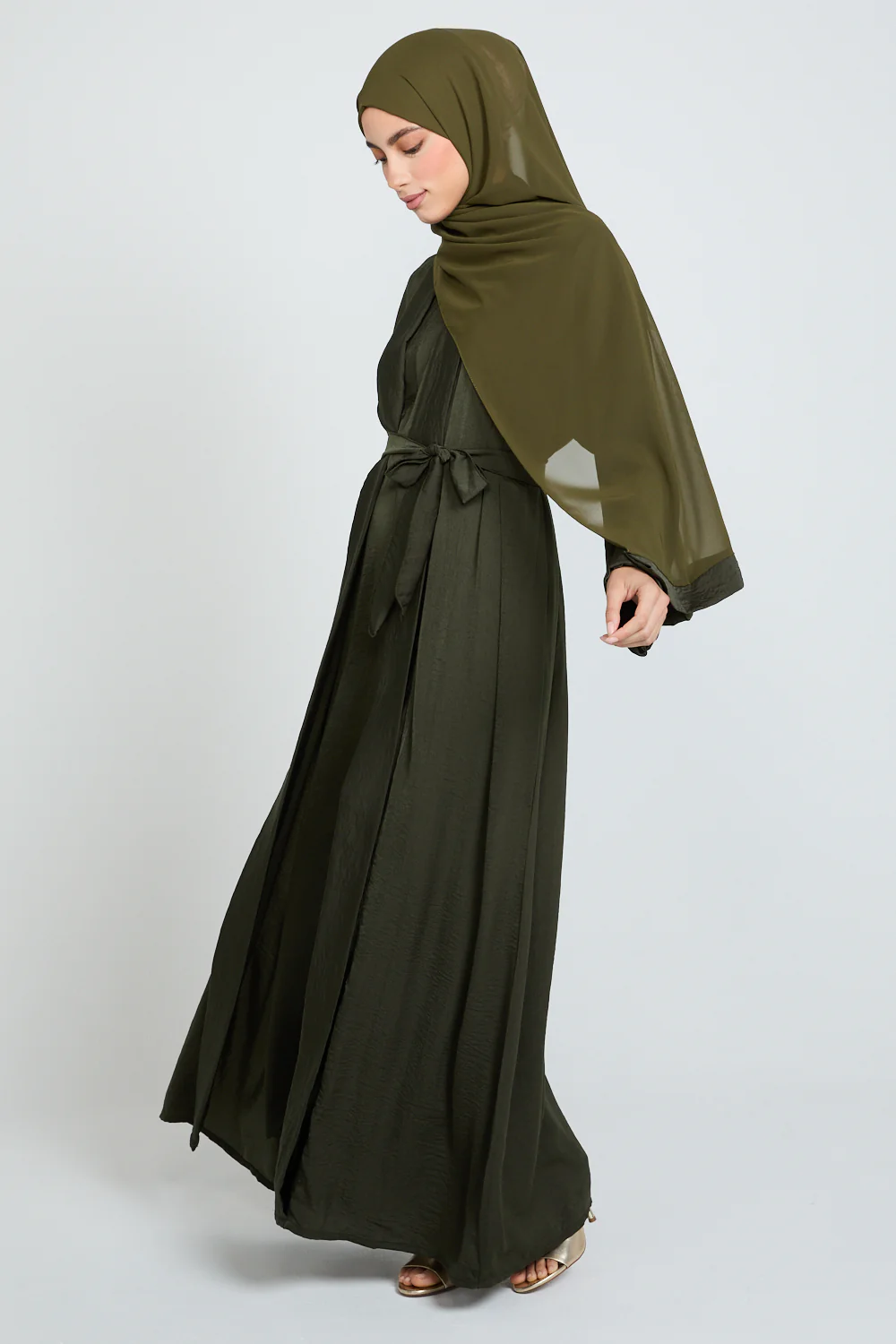 Four Piece Soft Sheen Open Abaya Set - Khaki - Image 6