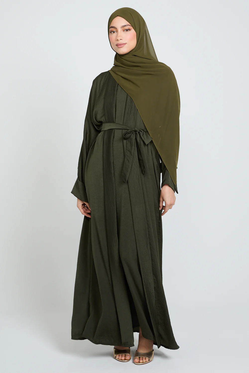 Four Piece Soft Sheen Open Abaya Set - Khaki - Image 7