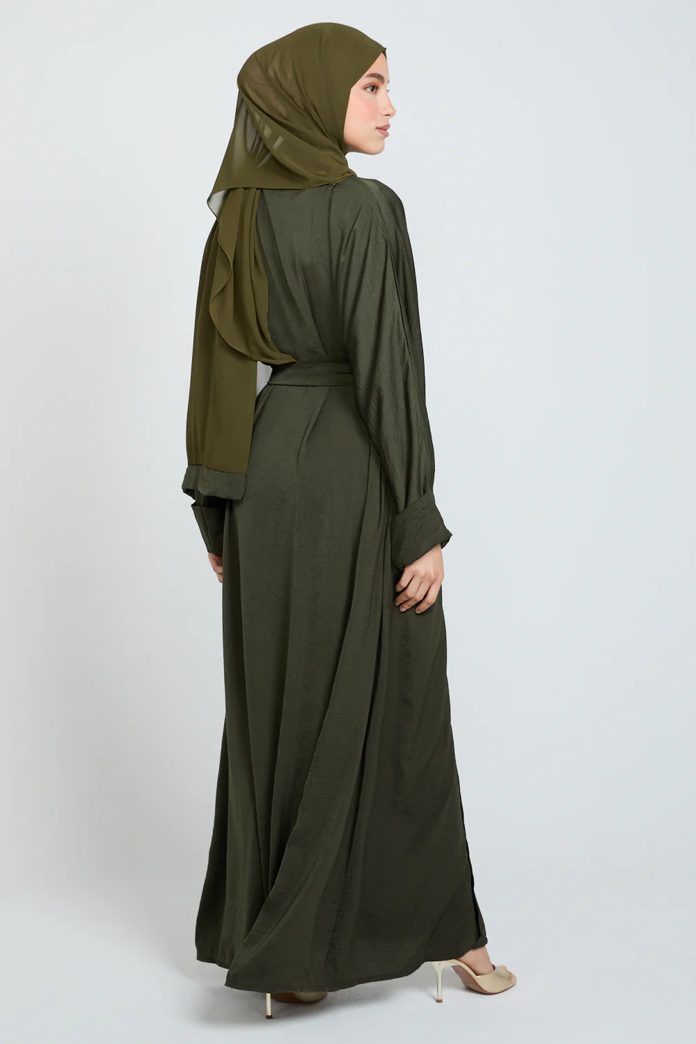 Four Piece Soft Sheen Open Abaya Set - Khaki - Image 8