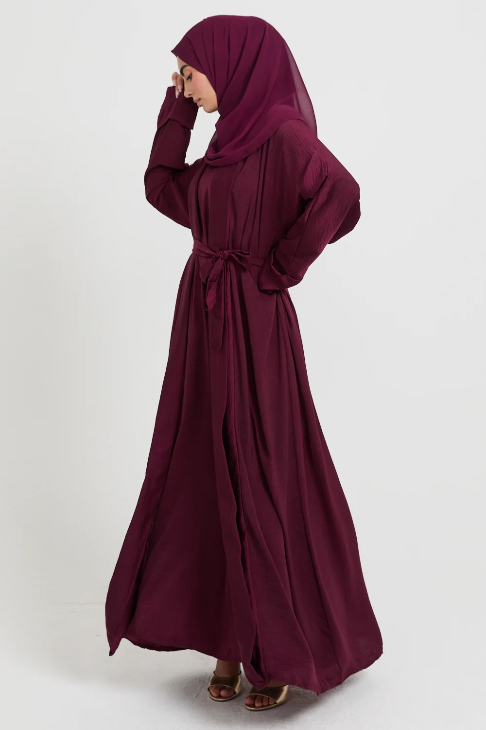 Four Piece Soft Sheen Open Abaya Set - Maroon