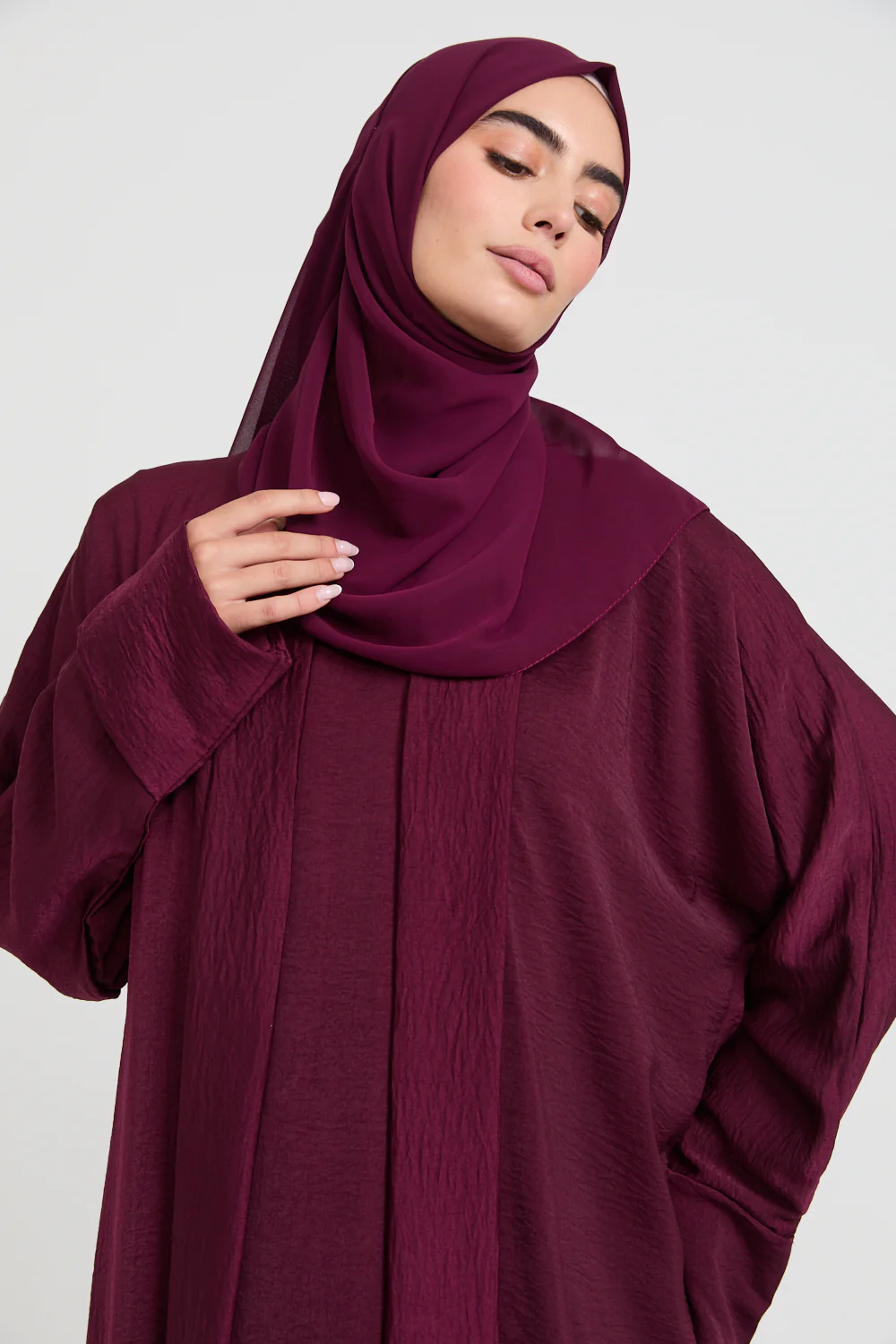 Four Piece Soft Sheen Open Abaya Set - Maroon - Image 2