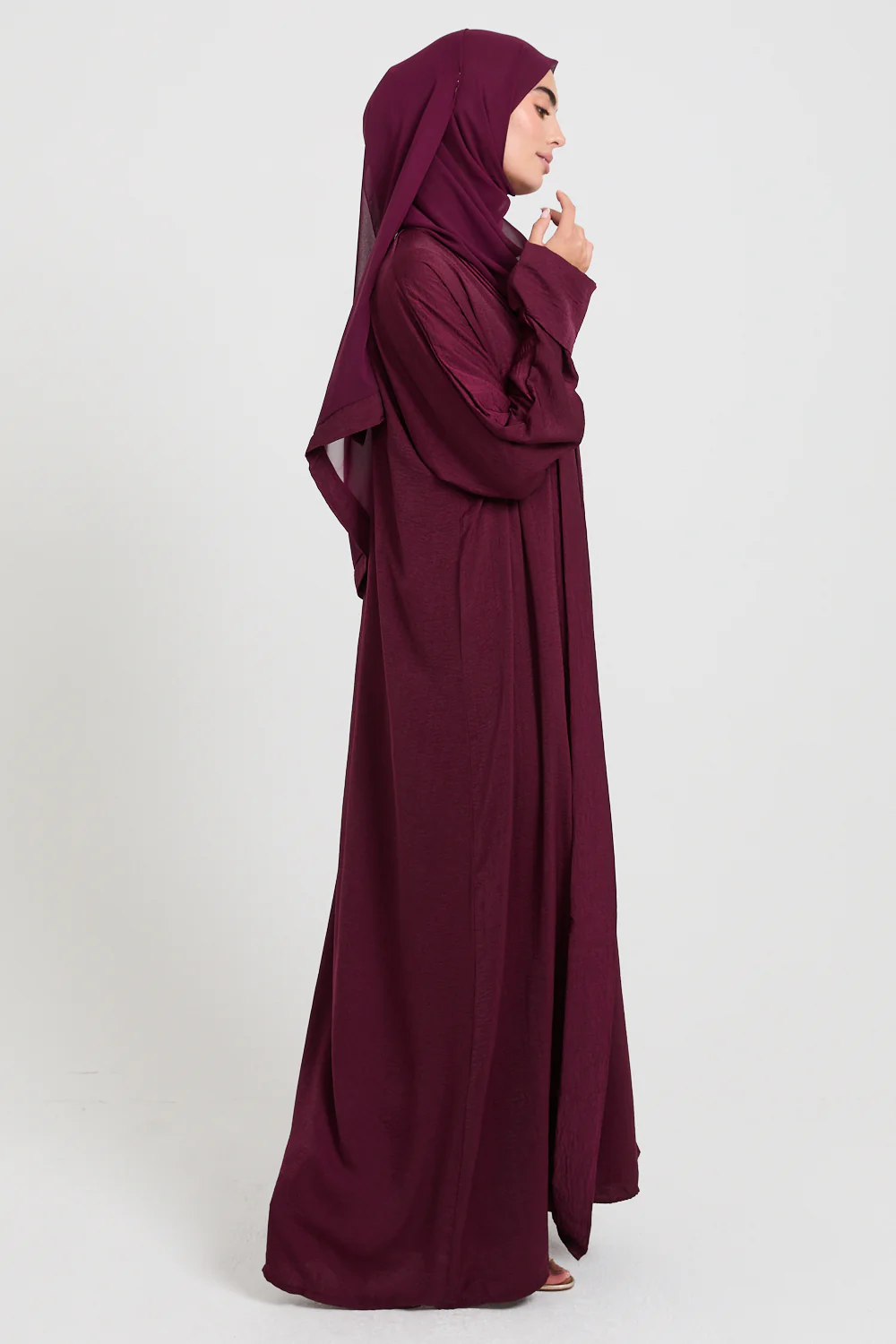 Four Piece Soft Sheen Open Abaya Set - Maroon - Image 3