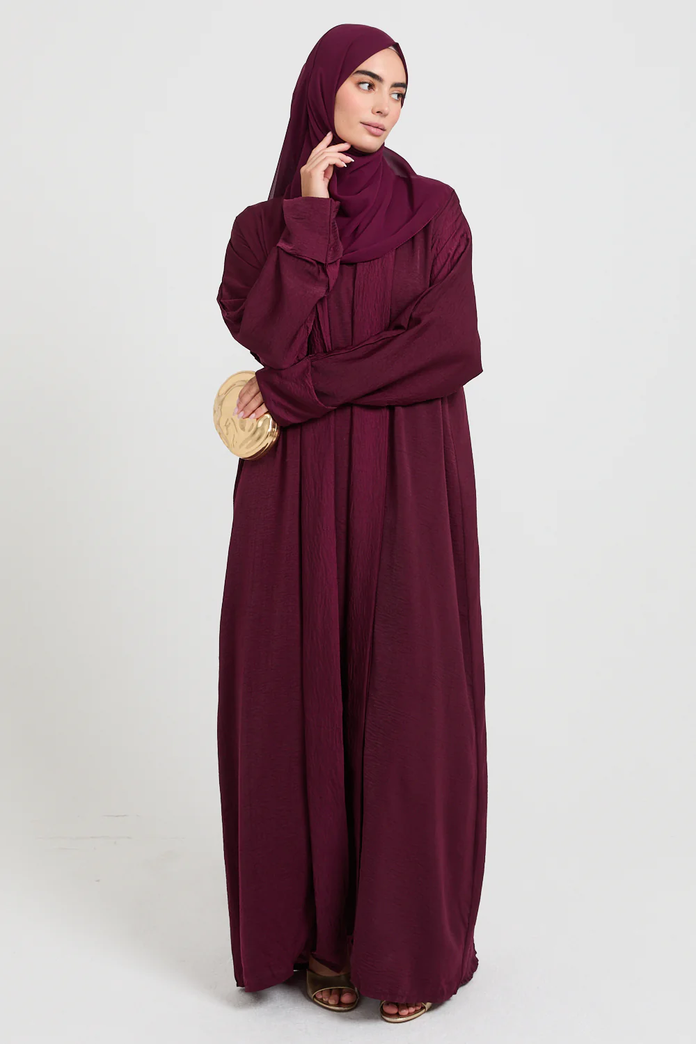 Four Piece Soft Sheen Open Abaya Set - Maroon - Image 4