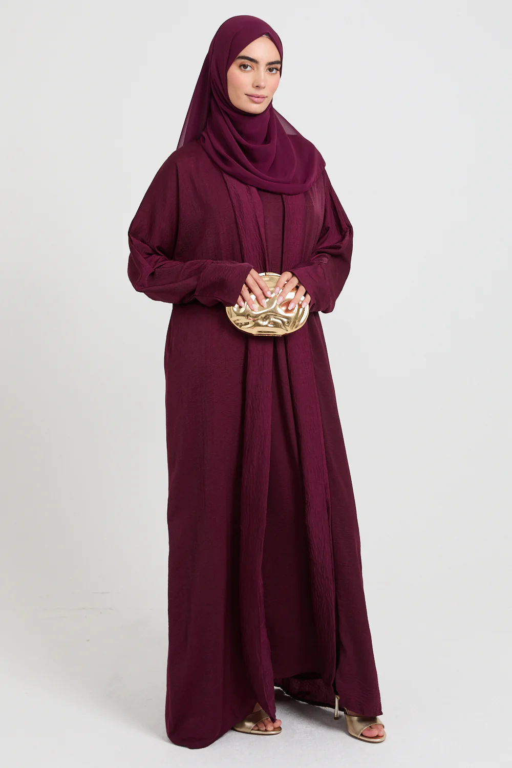 Four Piece Soft Sheen Open Abaya Set - Maroon - Image 5