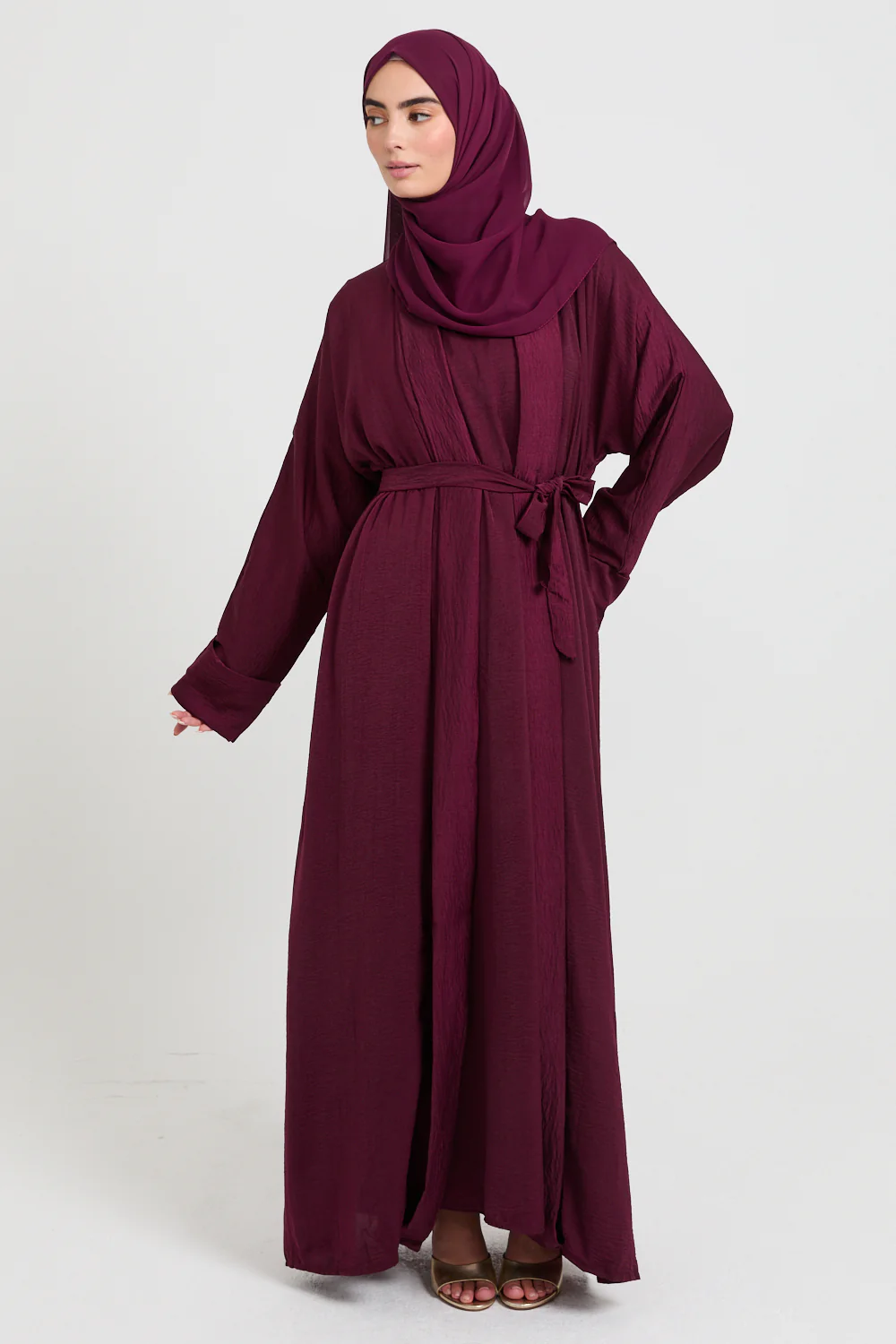Four Piece Soft Sheen Open Abaya Set - Maroon - Image 6
