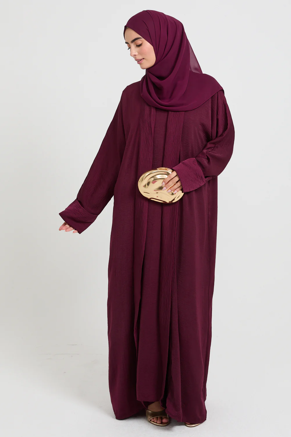 Four Piece Soft Sheen Open Abaya Set - Maroon - Image 7