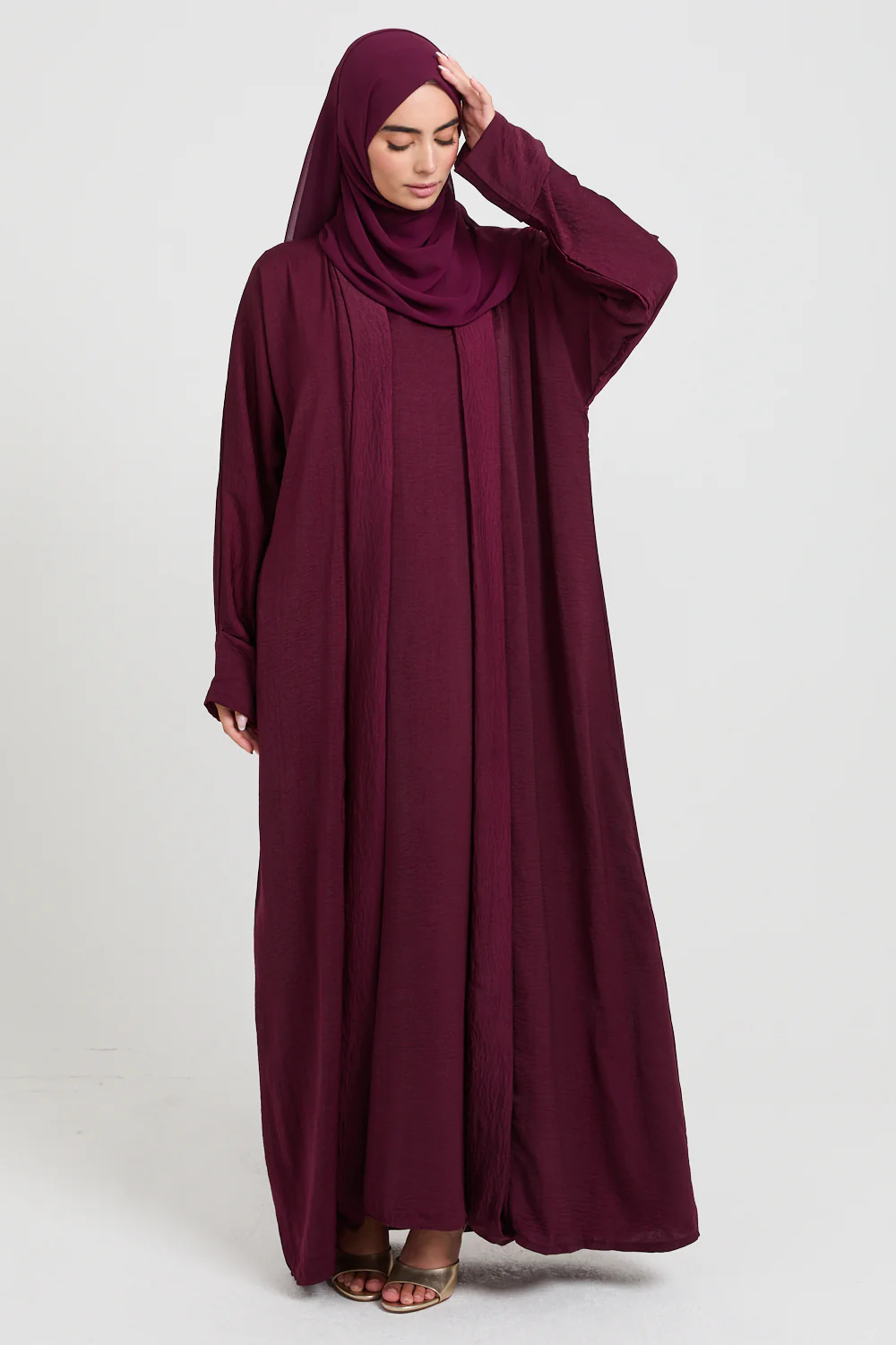 Four Piece Soft Sheen Open Abaya Set - Maroon - Image 8