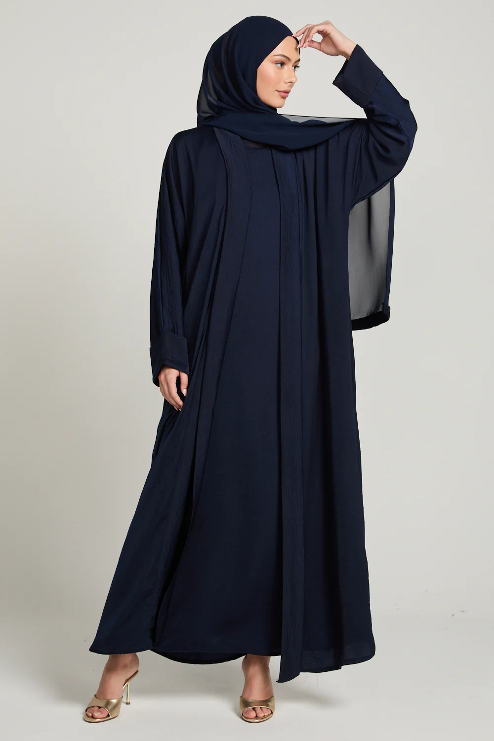 Four Piece Soft Sheen Open Abaya Set - Navy - Image 2