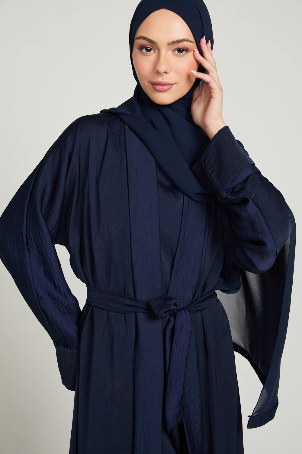 Four Piece Soft Sheen Open Abaya Set - Navy - Image 3