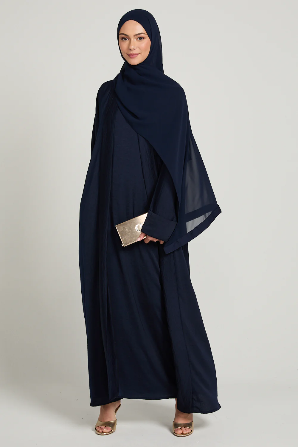 Four Piece Soft Sheen Open Abaya Set - Navy - Image 4