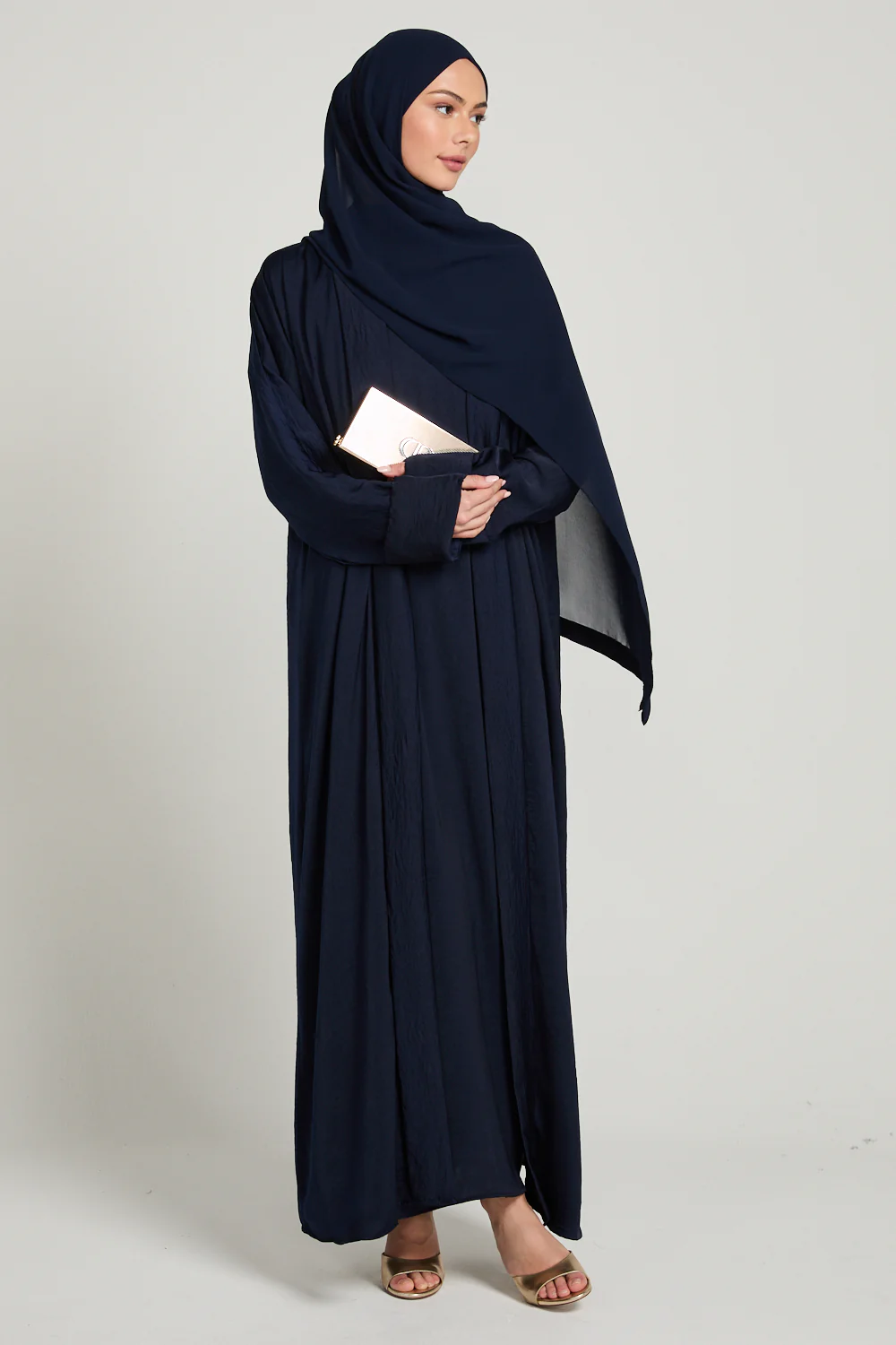 Four Piece Soft Sheen Open Abaya Set - Navy - Image 5