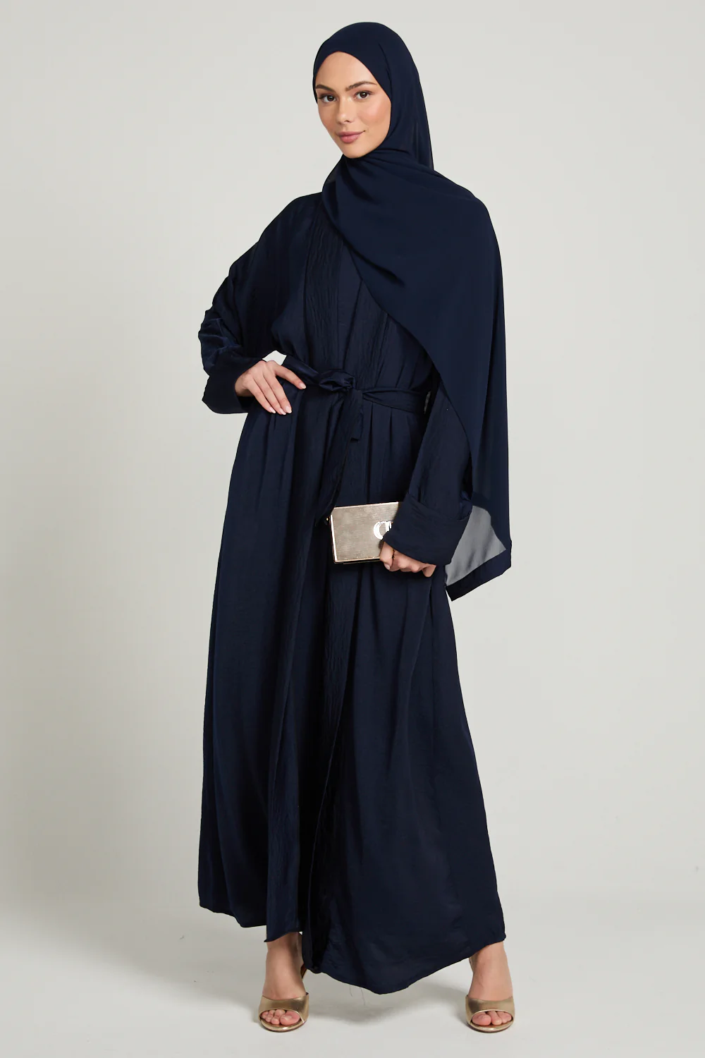 Four Piece Soft Sheen Open Abaya Set - Navy - Image 6
