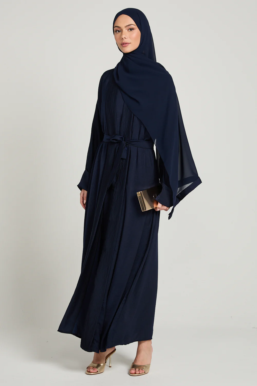 Four Piece Soft Sheen Open Abaya Set - Navy - Image 7
