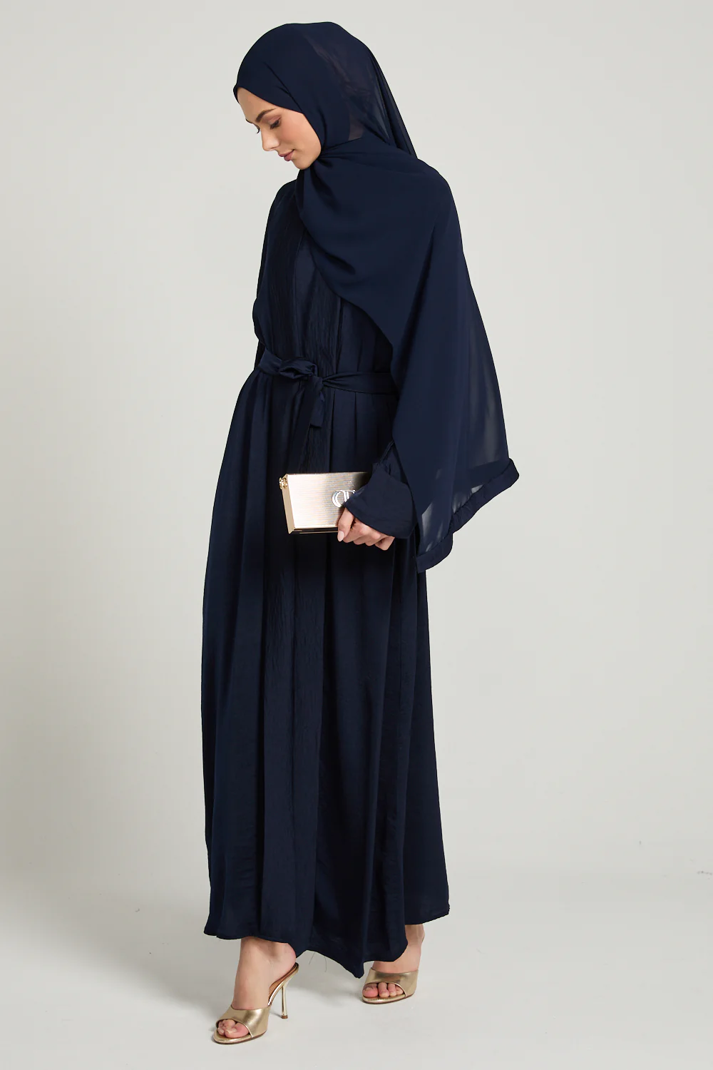Four Piece Soft Sheen Open Abaya Set - Navy - Image 8