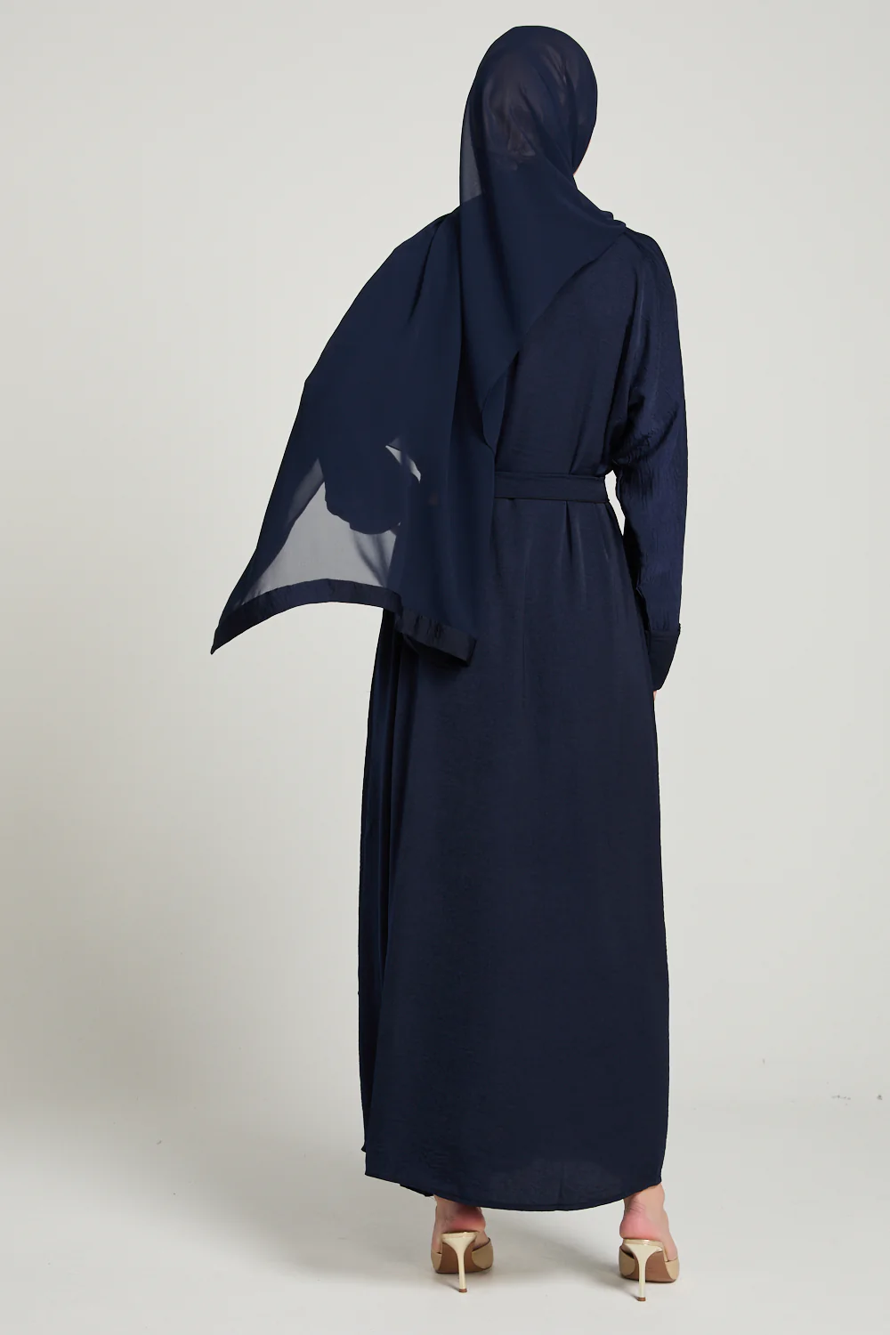 Four Piece Soft Sheen Open Abaya Set - Navy - Image 9