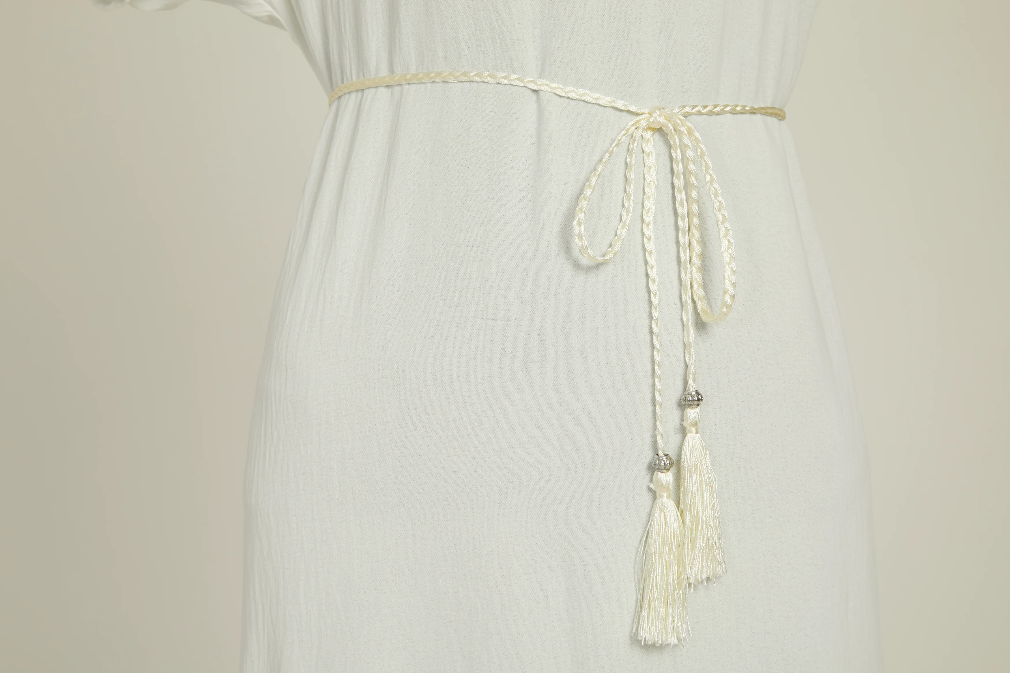 Ivory Slim Plaited Rope Tassel Belt