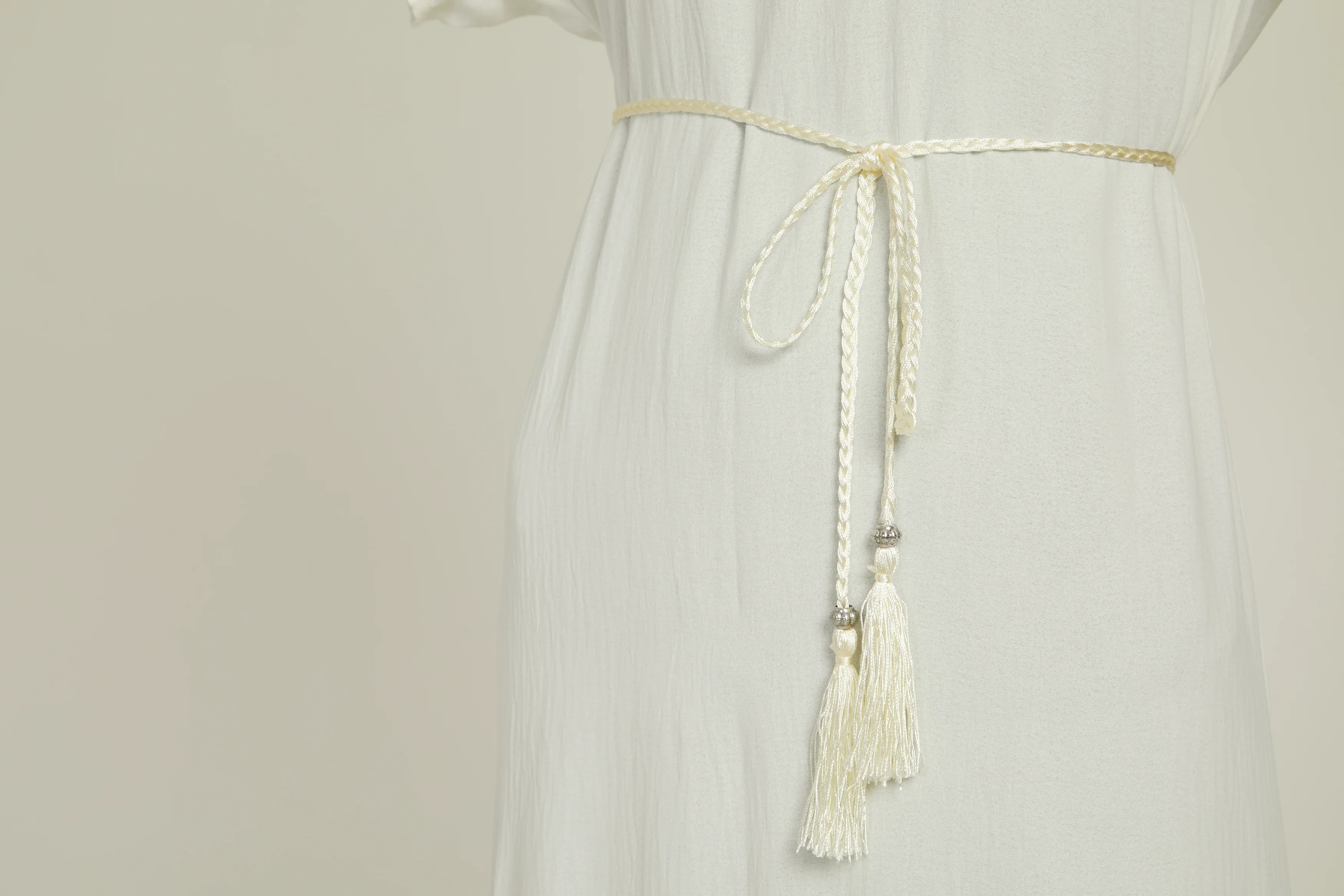 Ivory Slim Plaited Rope Tassel Belt - Image 2